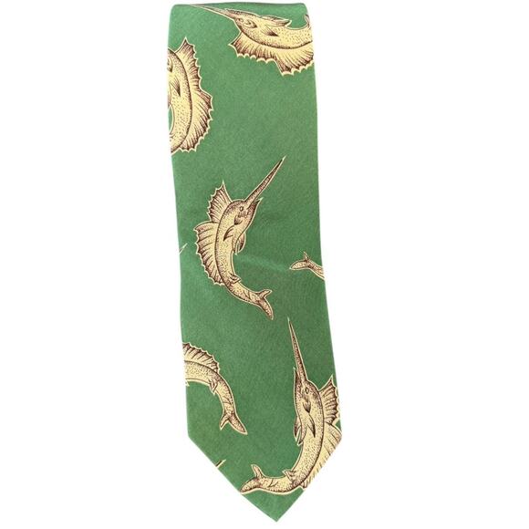 Polo Ralph Lauren Vintage USA Handmade Green Silk Tie Marlin Fish 3 inch - Picture 1 of 10